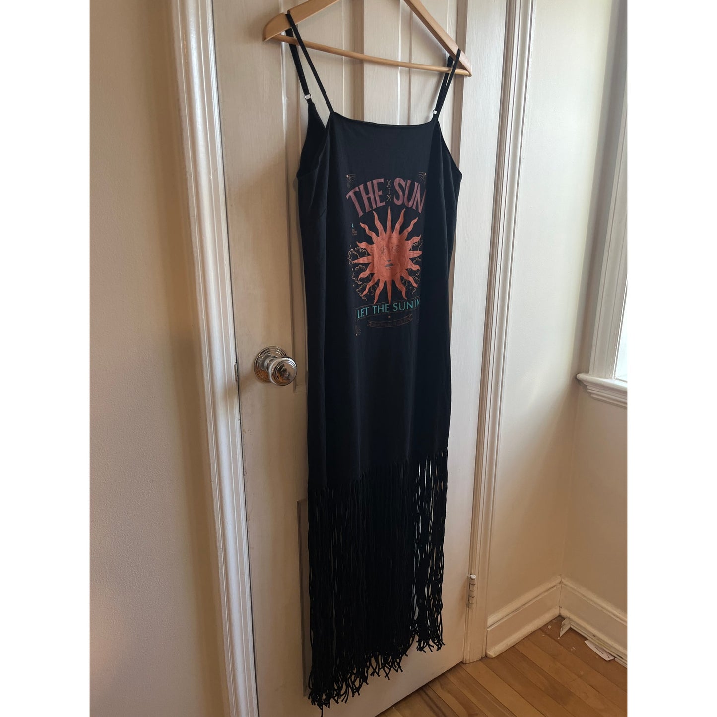 FARM RIO Sun & Stripes Maxi Dress Shredded Fringe Hem Celestial Boho | Sz M