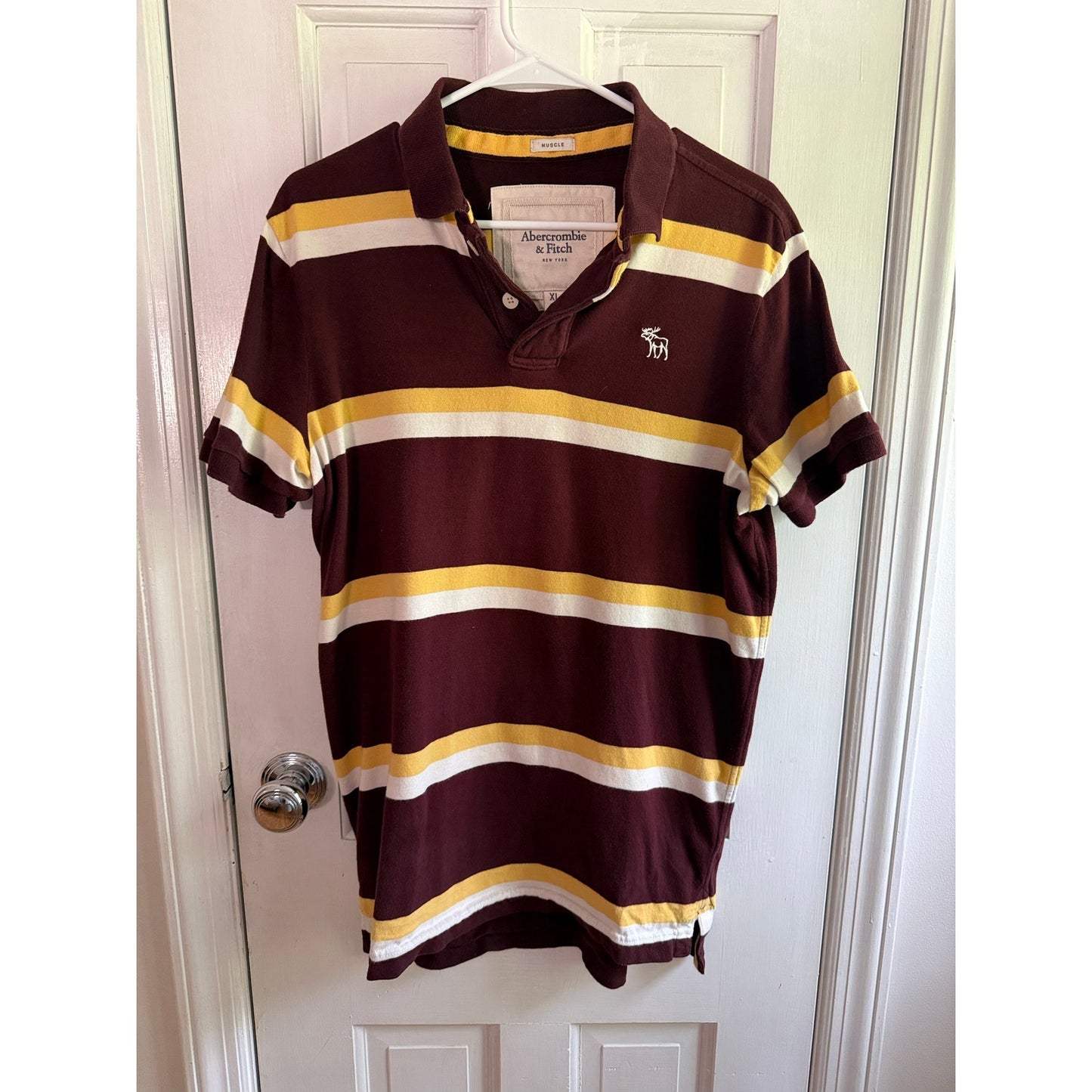 Vintage Abercrombie Fitch Muscle Polo Shirt XL Brown Yellow White Striped Y2K 90s