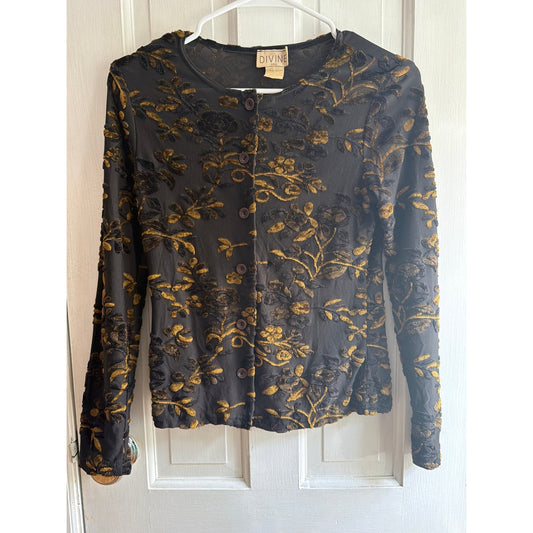 Divine Vintage Floral Cardigan Sweater Womens Small S Black Gold Knit EUC