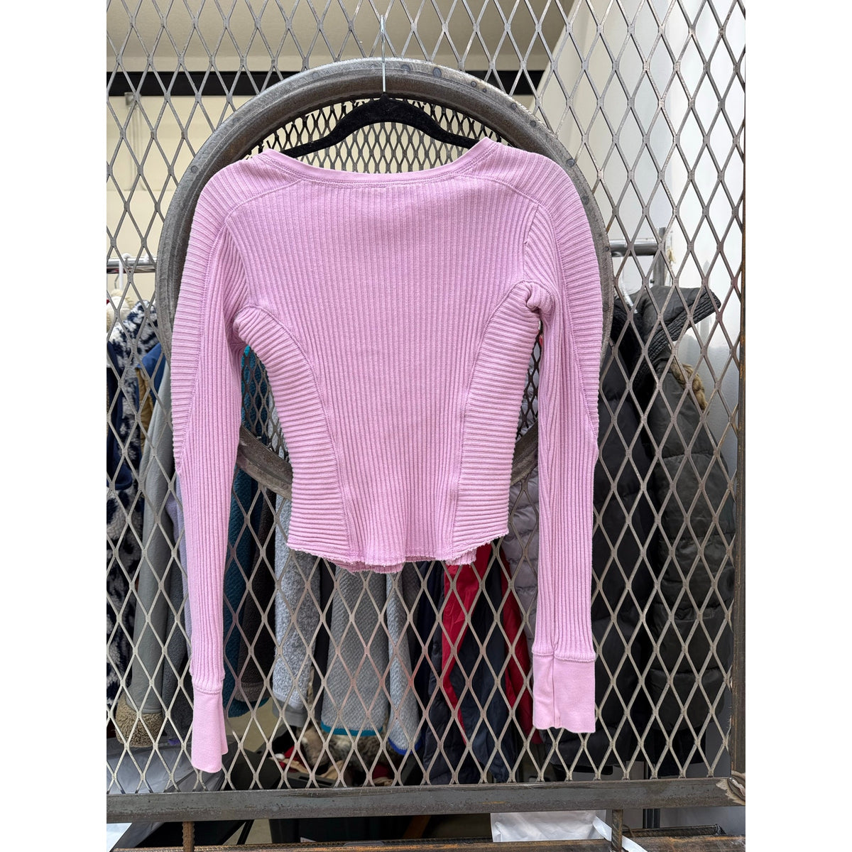 Free People FP Movement Pink Ribbed Henley Crop Top Long Sleeve Sz XS