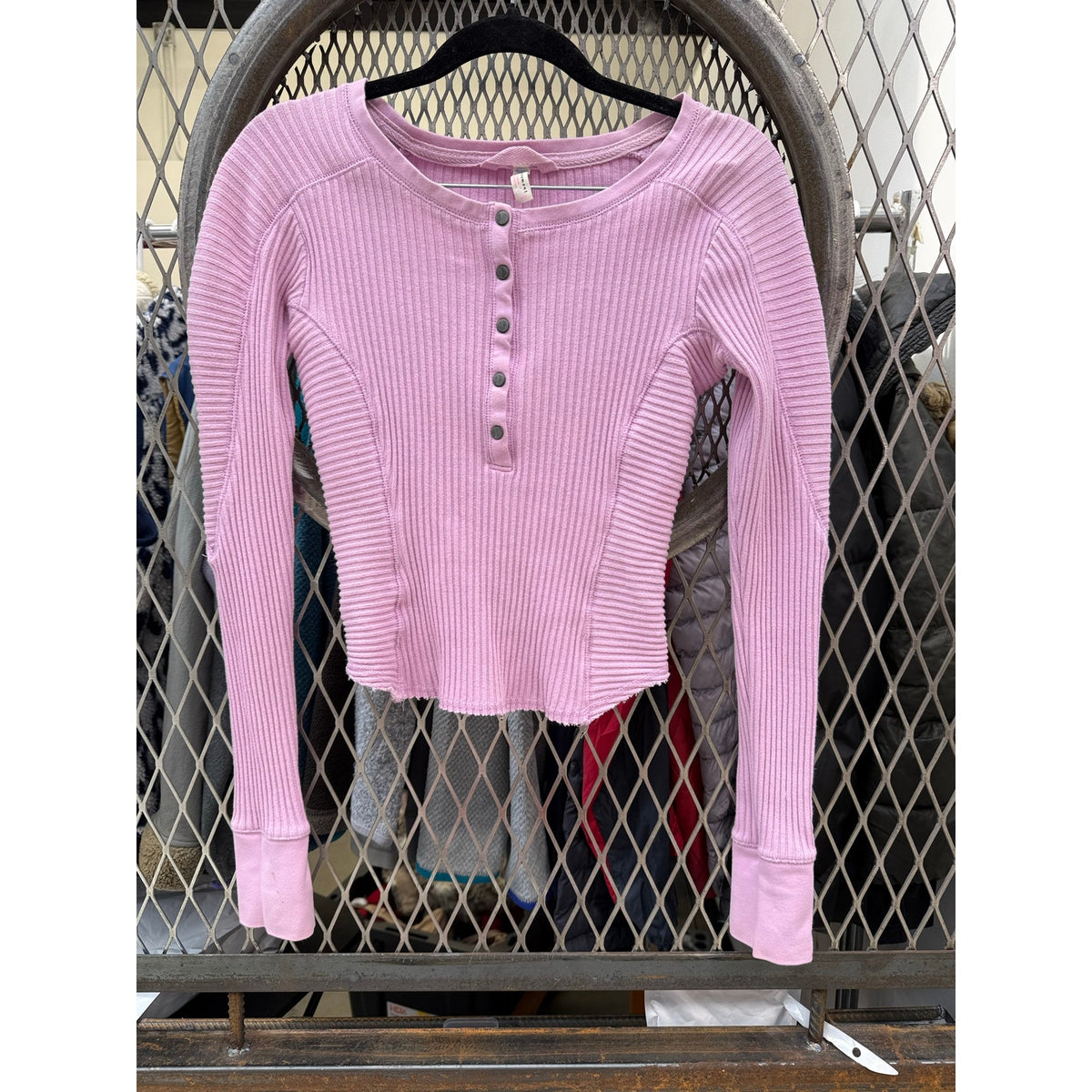 Free People FP Movement Pink Ribbed Henley Crop Top Long Sleeve Sz XS