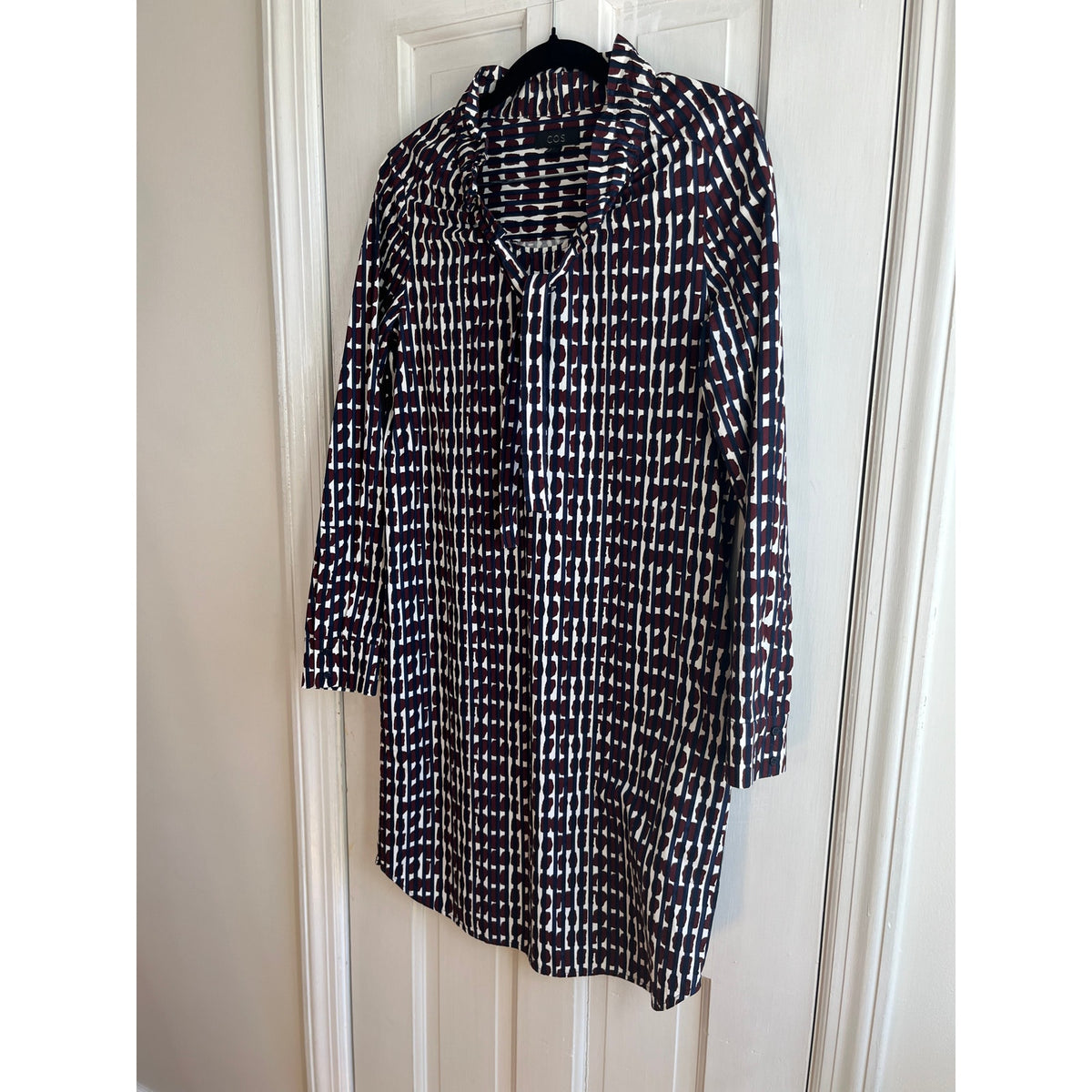 COS Printed Ruffle Neck Tie Front Cotton Midi Dress | Abstract Minimalist Sz 2