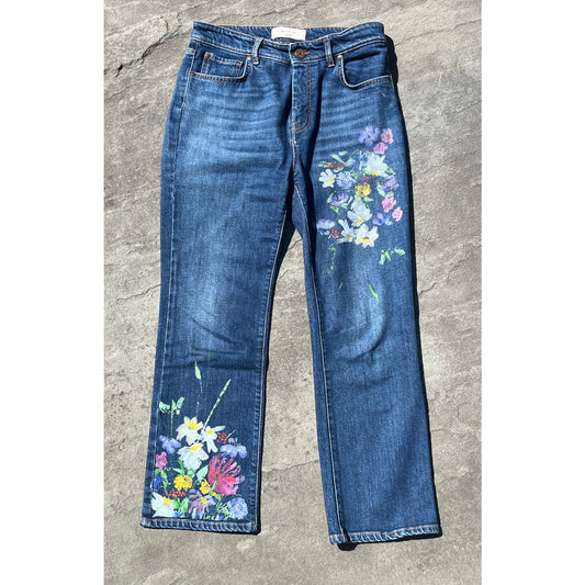 Weekend Max Mara Roncolo Cropped Flare Jeans 10 Painted Floral Ankle Denim 🌸