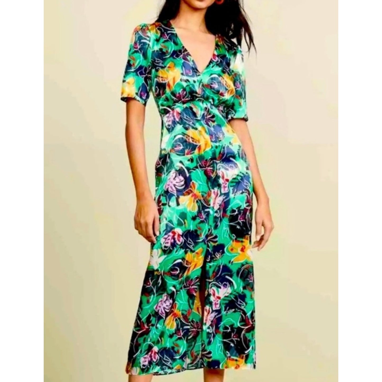 Saloni Green Floral Silk Eden Dress Size US 0, UK4, XS (NWT)