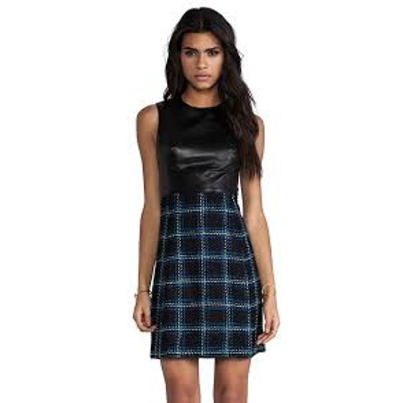Shoshanna Everett Plaid Leather Combo Marlee Dress 4 Black Lapis Revolve Chic ⚡️