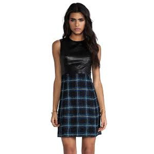 Shoshanna Everett Plaid Leather Combo Marlee Dress 4 Black Lapis Revolve Chic ⚡️