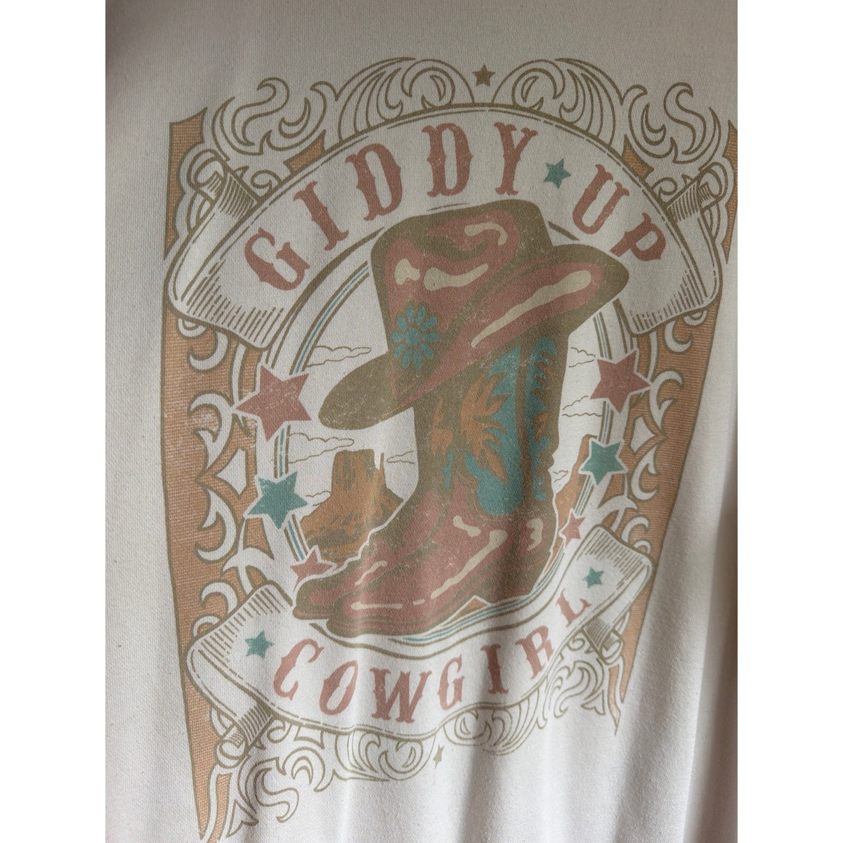 Lotus Fashion Los Angeles Giddy Up Cowgirl Oversized Sweatshirt Size XL Cream