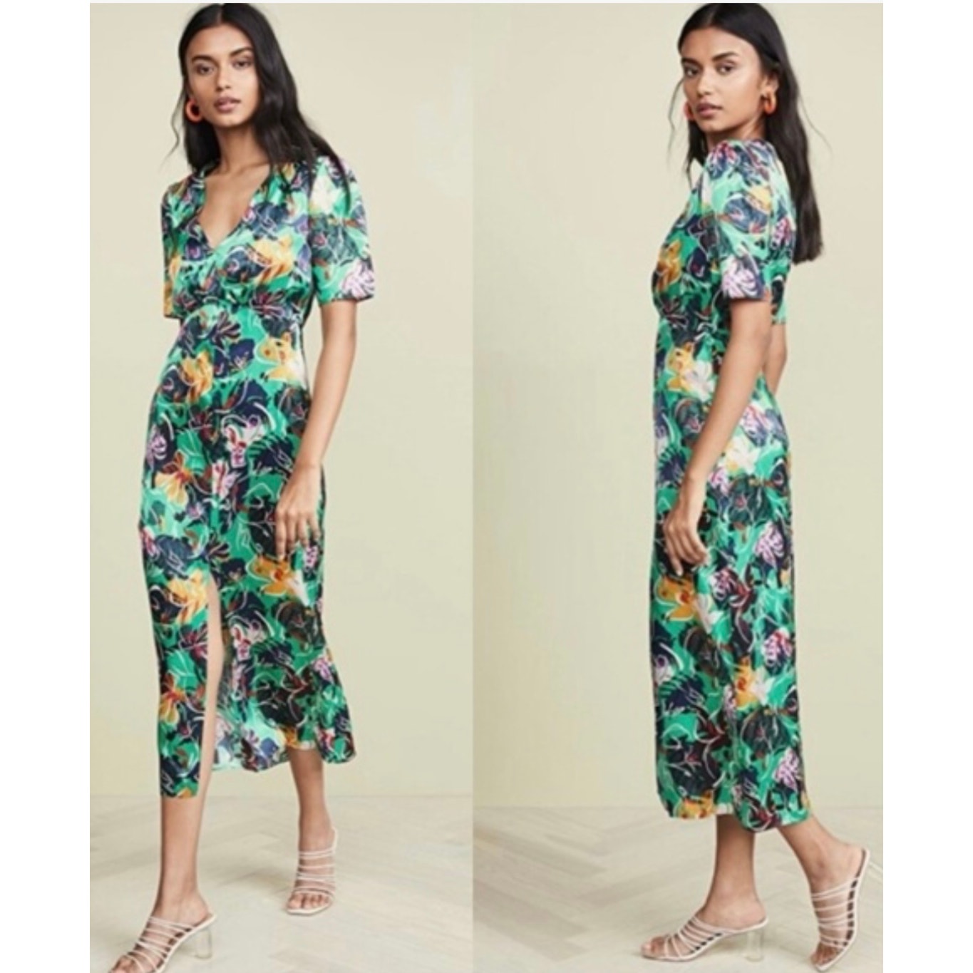 Saloni Green Floral Silk Eden Dress Size US 0, UK4, XS (NWT)