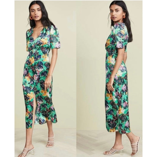 Saloni Green Floral Silk Eden Dress Size US 0, UK4, XS (NWT)