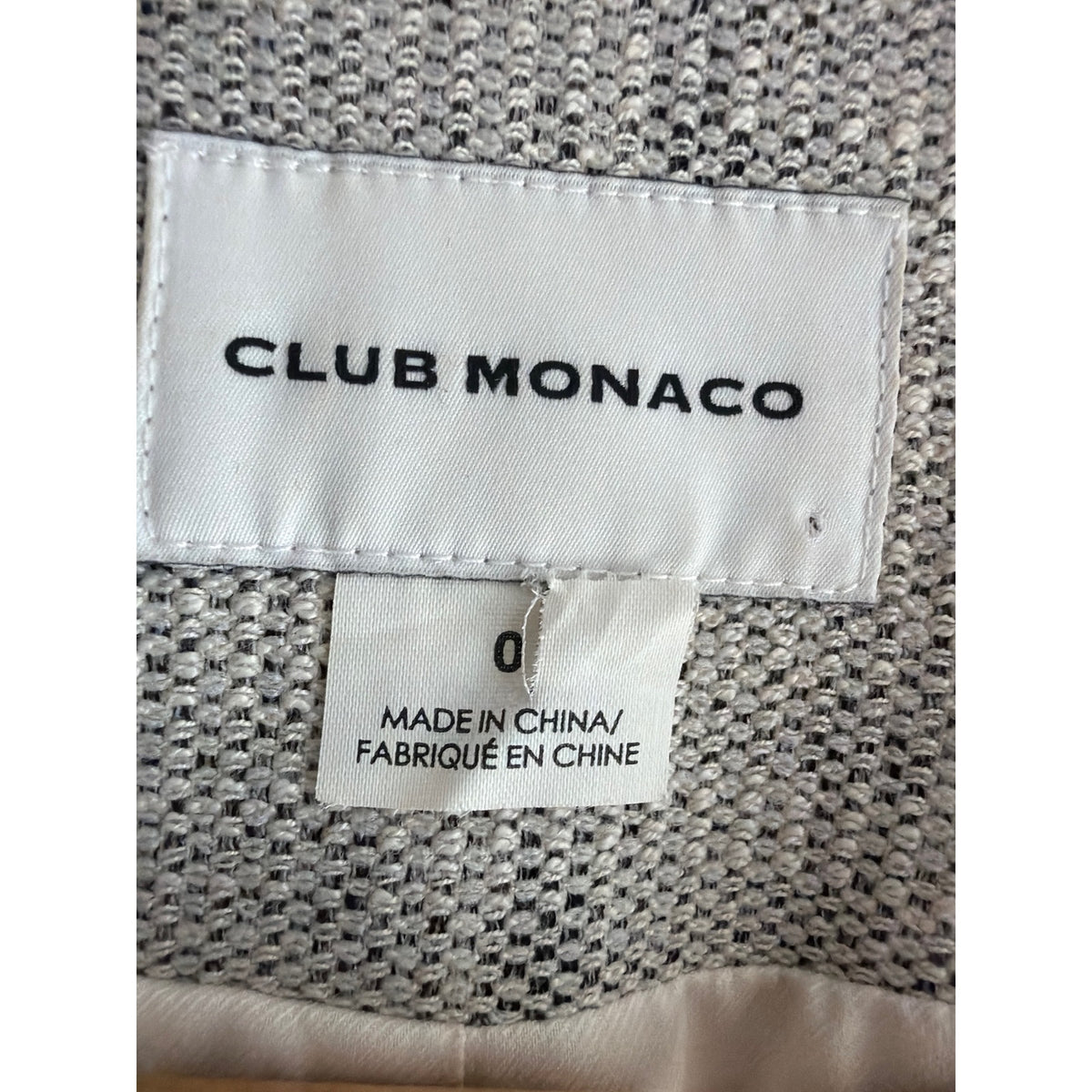 Club Monaco Womens Size 0 Cream & Grey Colorblock Collarless Tweed Jacket