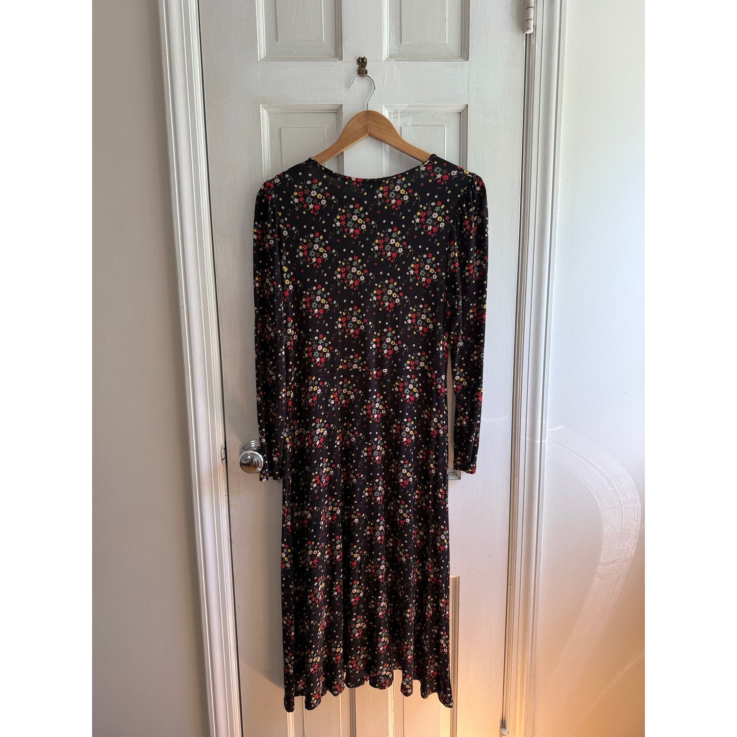 Boden Midi Tea Dress US8P Black Floral V-Neck Long Sleeve
