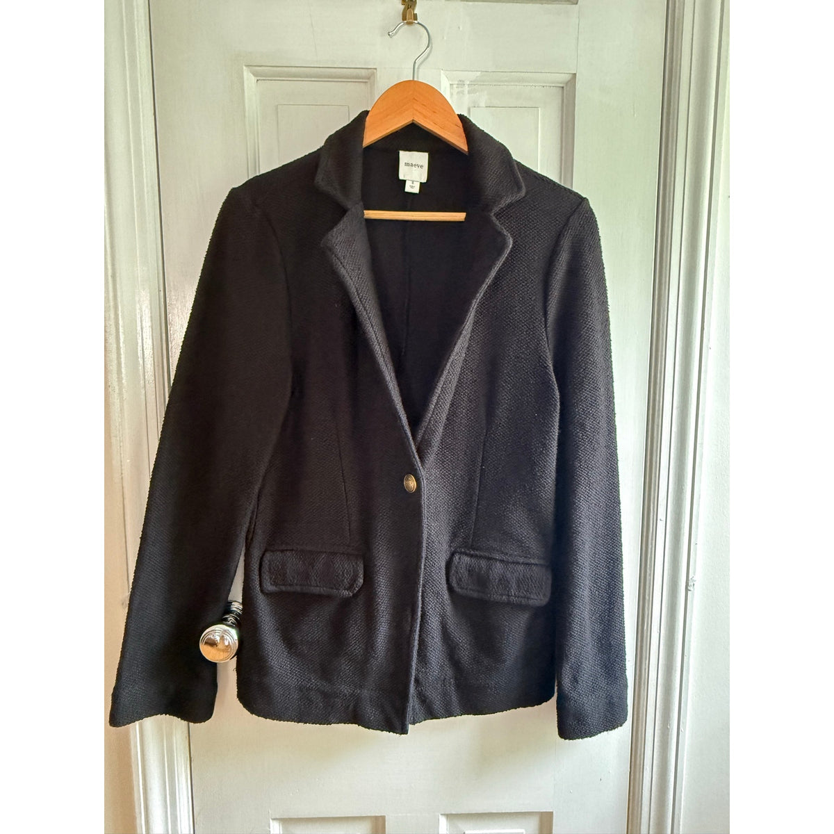 Maeve Anthropologie Black Blazer Jacket Womens Small S Knit Gold Button EUC