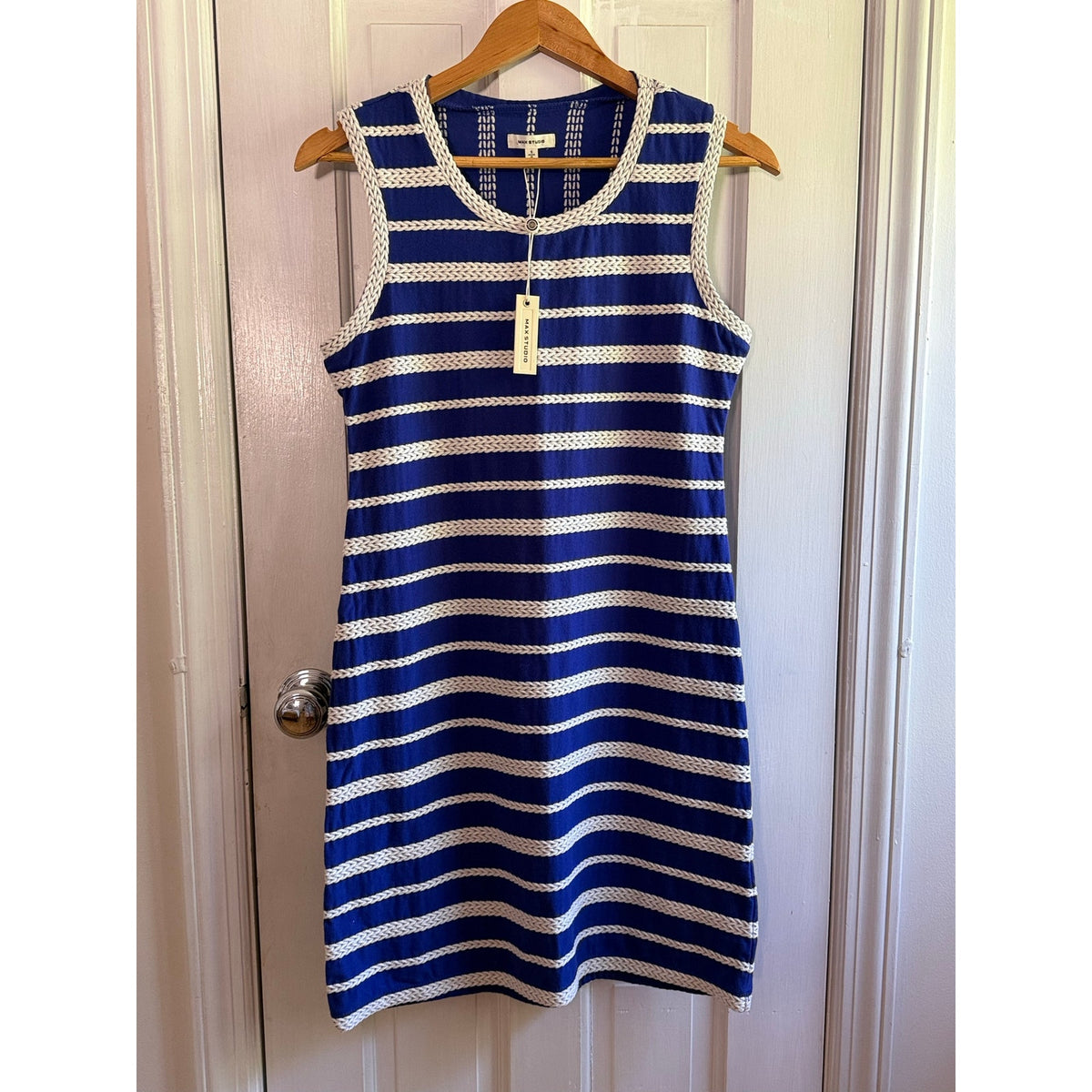 Max Studio Striped Knit Dress Womens Small S Blue Navy Short Sleeve NWT