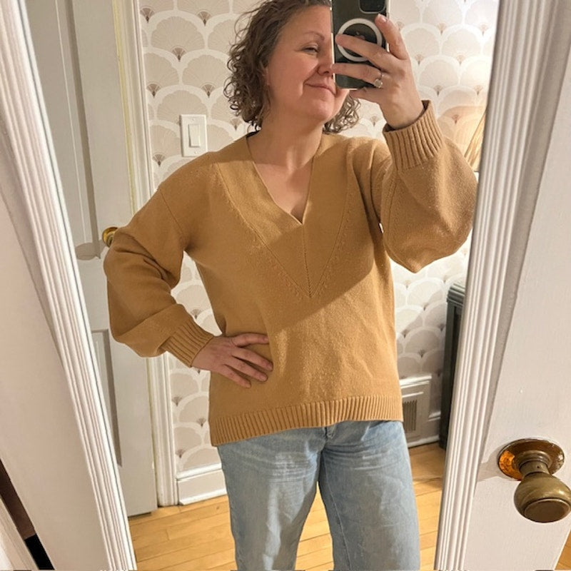Tibi Merino Wool Blend V-neck Puff Sleeve Camel Sweater - Size Small