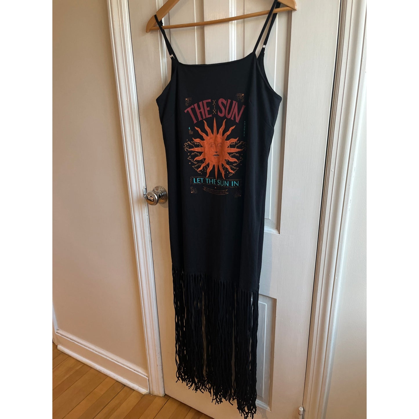 FARM RIO Sun & Stripes Maxi Dress Shredded Fringe Hem Celestial Boho | Sz M