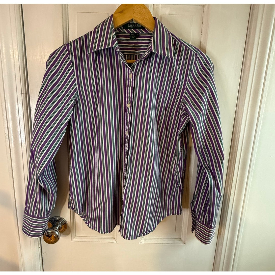 Vintage Lauren Ralph Lauren Striped Button Down Shirt Purple Green Y2K EUC