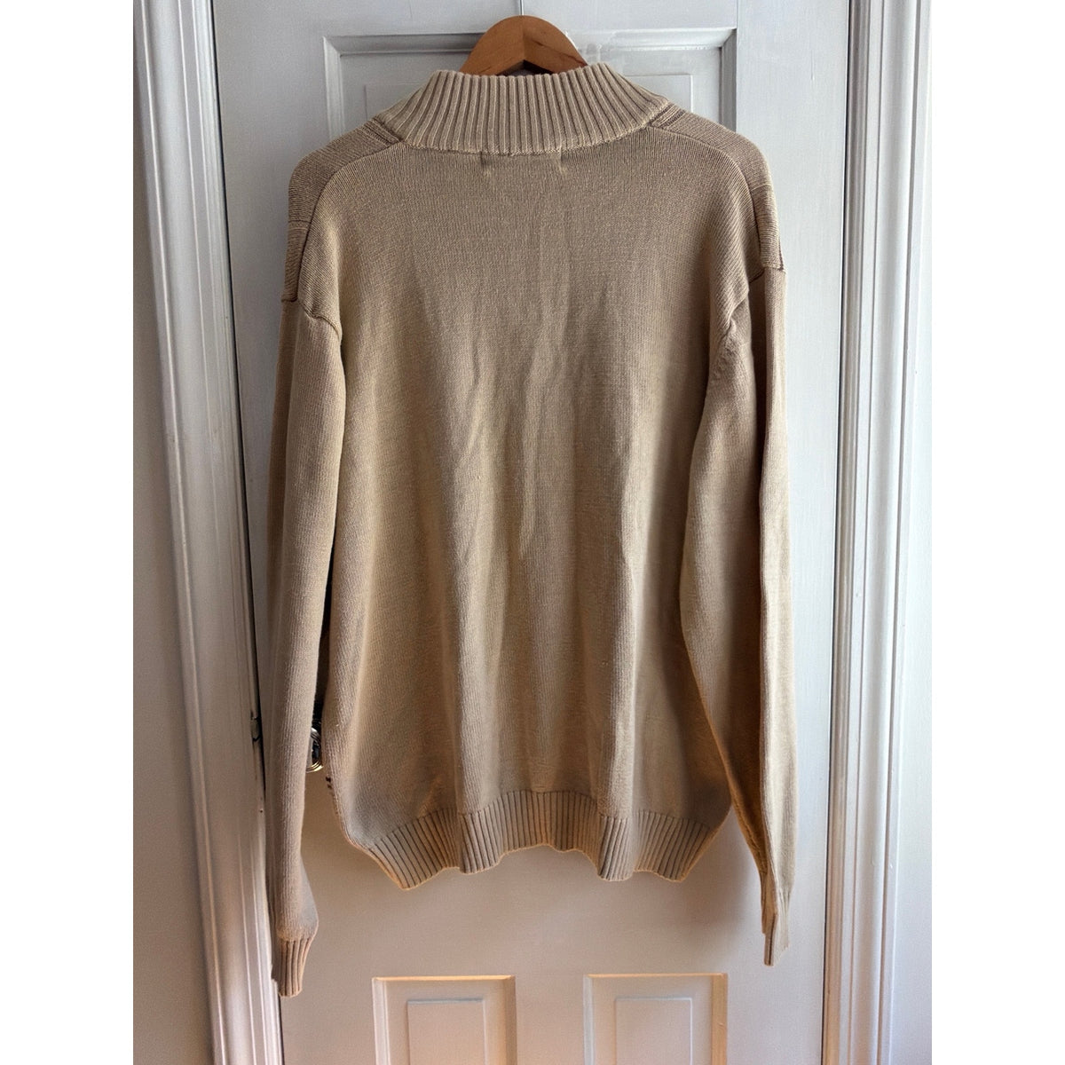 Oscar de la Renta Mens XL Quarter Zip Knit Sweater Striped Beige Tan Windowpane