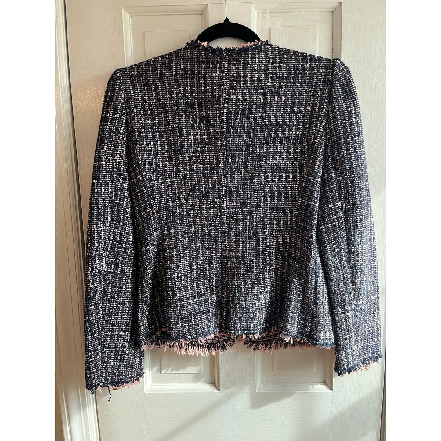 REBECCA TAYLOR Navy Blue Pink Tweed Cropped Blazer Frayed Fringe Trim | US 2