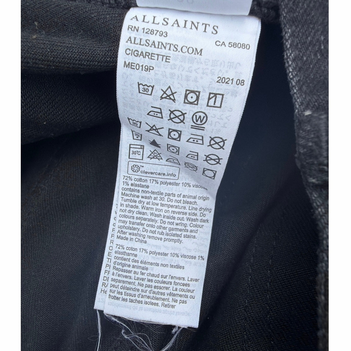 ALLSAINTS Cigarette Slim Fit Jeans Black Wash Distressed W38 L30