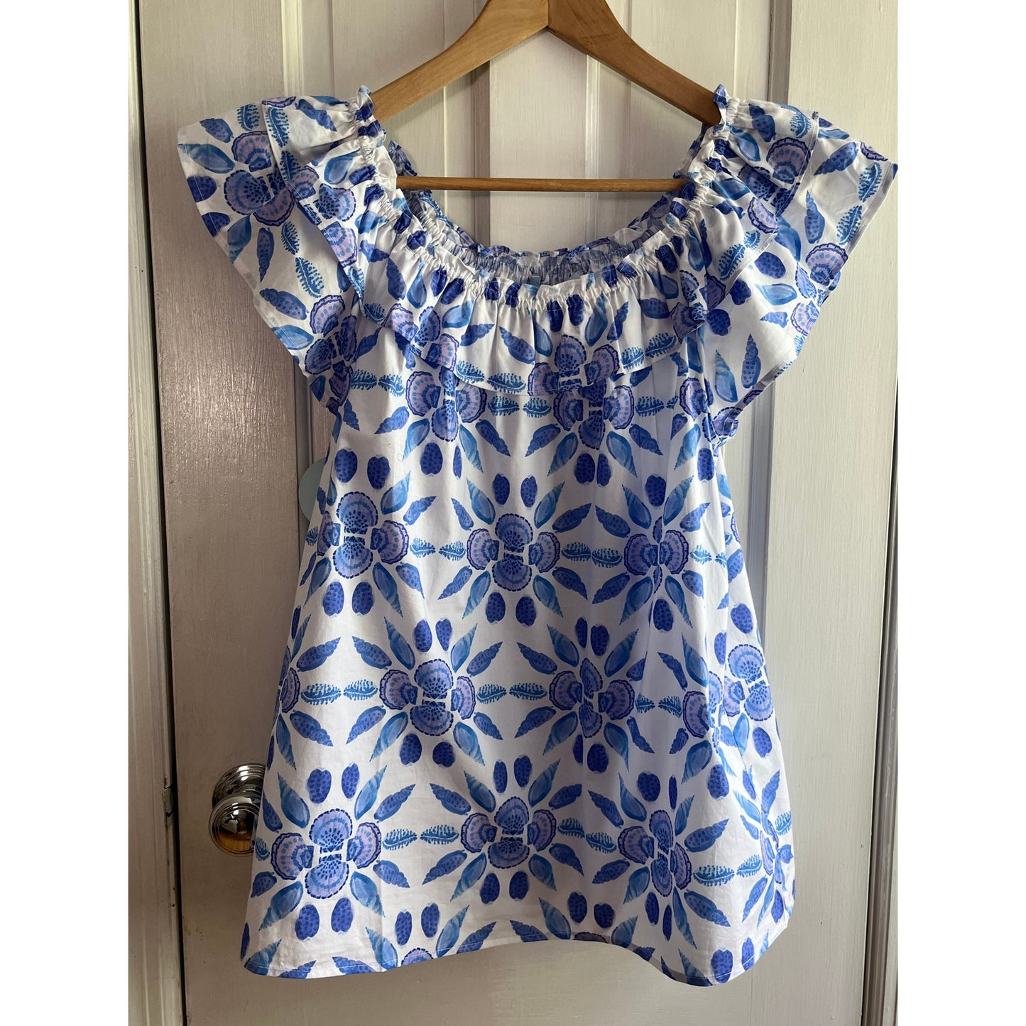 NWT Hill House The Augustine Top Blue Shell Mosaic Cotton Sz S Ruffle Smock