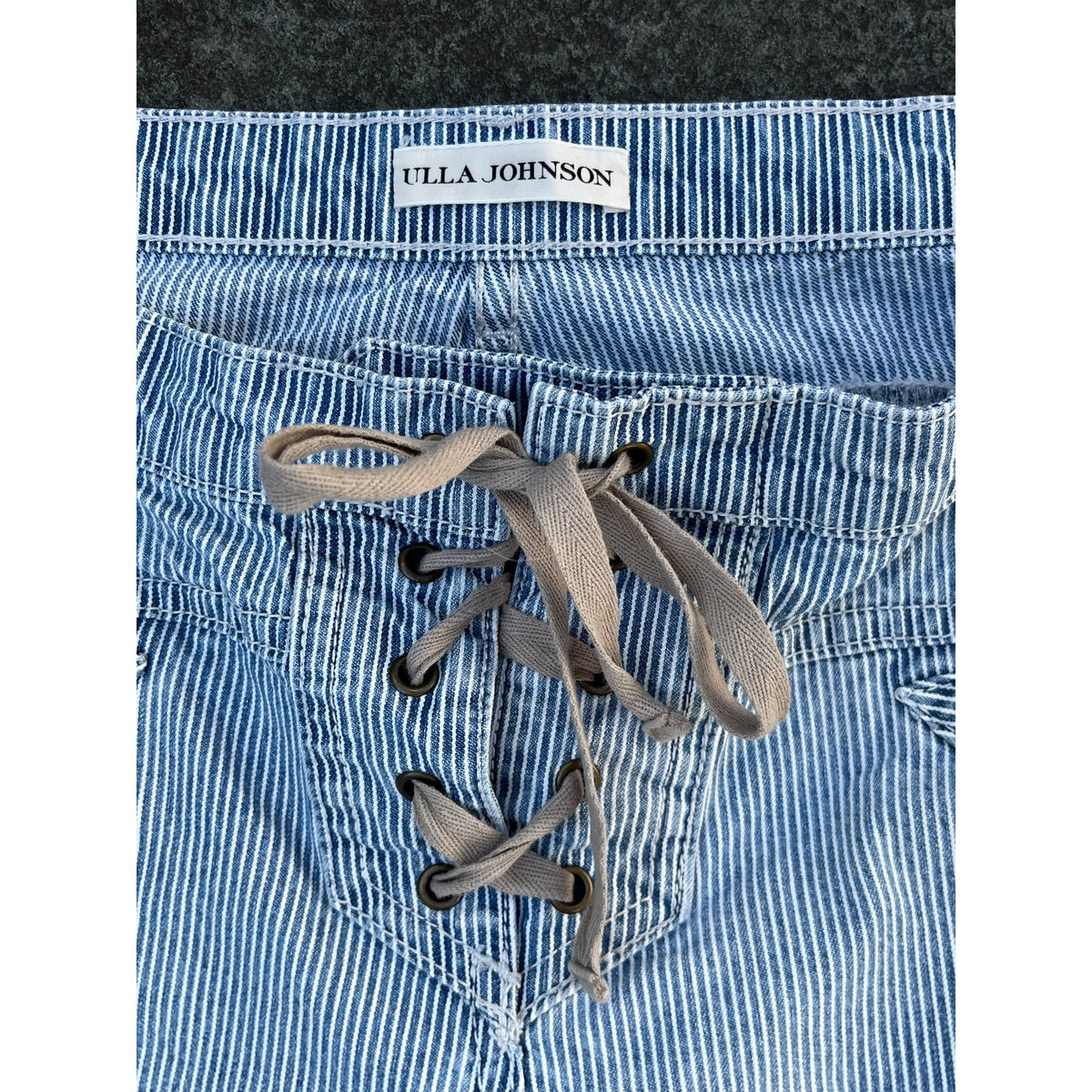 Ulla Johnson Striped Patria Pants Lace Up Back Wide Leg Cropped Blue White 6