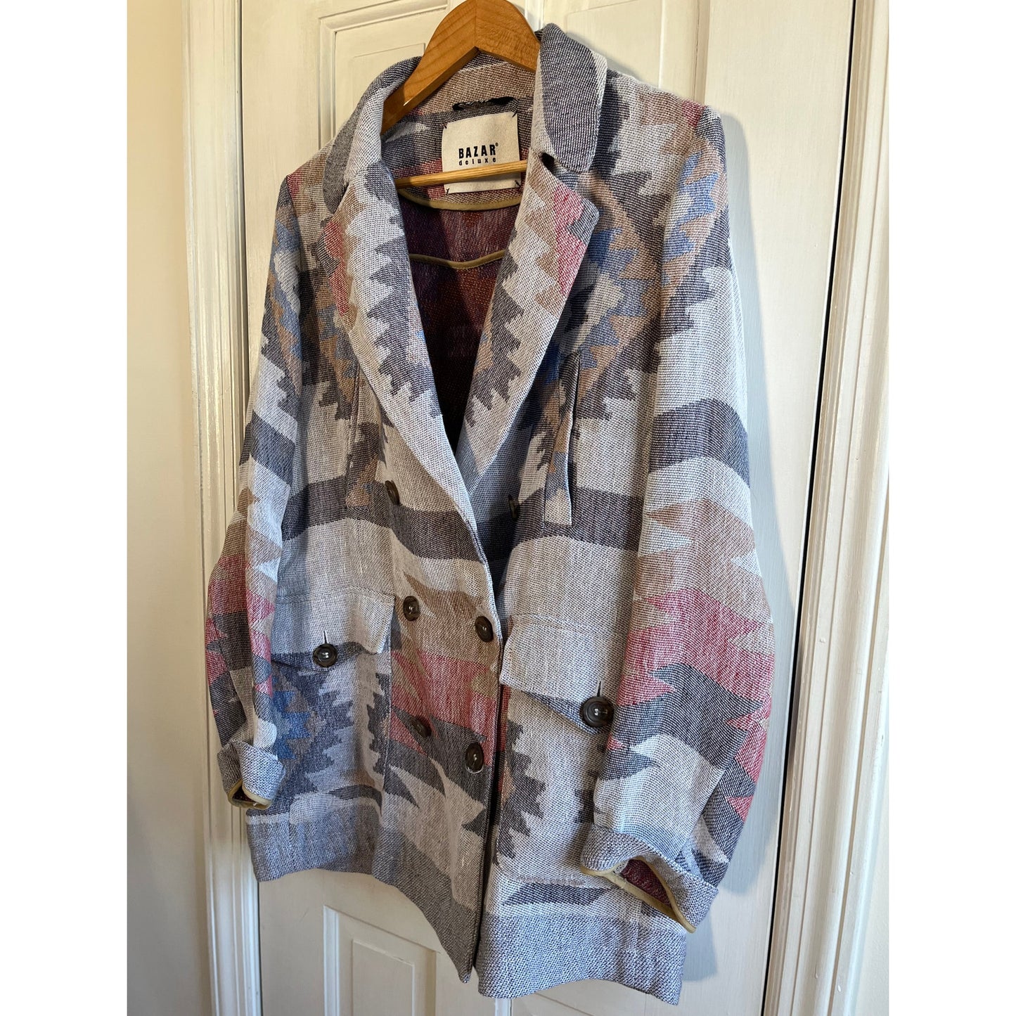 Bazar Deluxe Italian Aztec Geometric Coat Double Breasted Wool Blend EU 46 US L