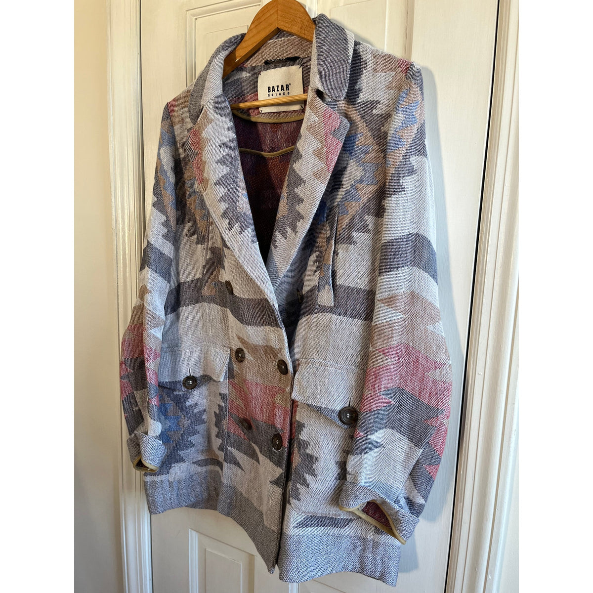 Bazar Deluxe Italian Aztec Geometric Coat Double Breasted Wool Blend EU 46 US L