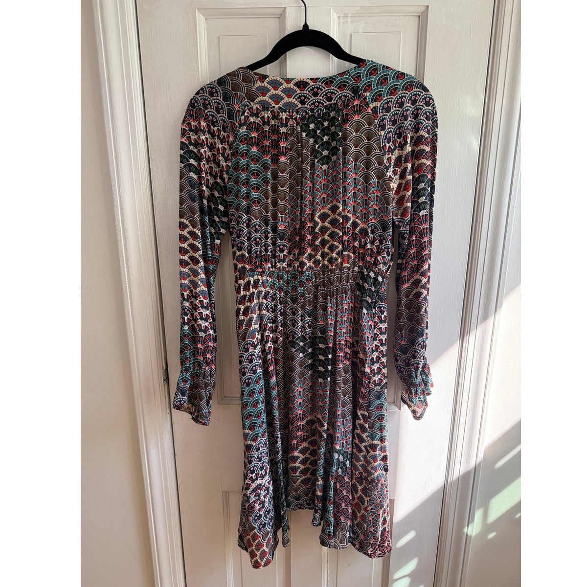 Anthropologie Maeve Monaco Empire Fan Print Long Sleeve Dress XS Oversized EUC