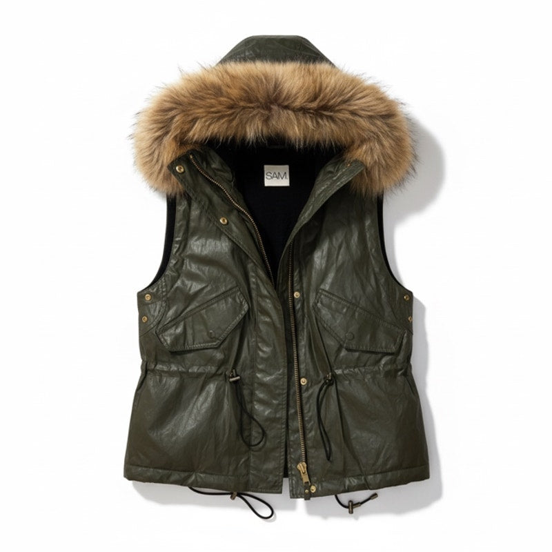 SAM NY Raccoon Fur Hood, Khaki Wax Vest Small