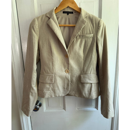 Theory Women's 0 Beige Wool Blend 2-Button Fitted Blazer Suit Jacket USA EUC