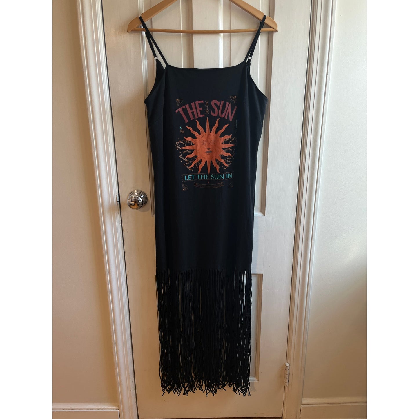 FARM RIO Sun & Stripes Maxi Dress Shredded Fringe Hem Celestial Boho | Sz M