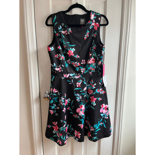 Vince Camuto Floral Scuba Fit & Flare Midi Dress | Black & Pink Wrinkle-Resistant | Plus Size 14